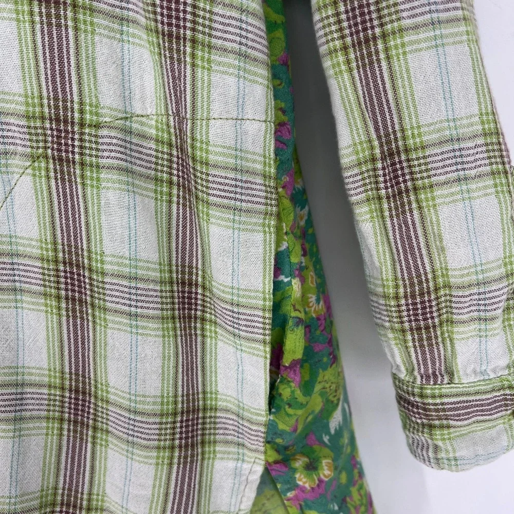 Artisan de Luxe Top Womens S‎ Free People Floral Green Plaid Boho Hippie Flannel